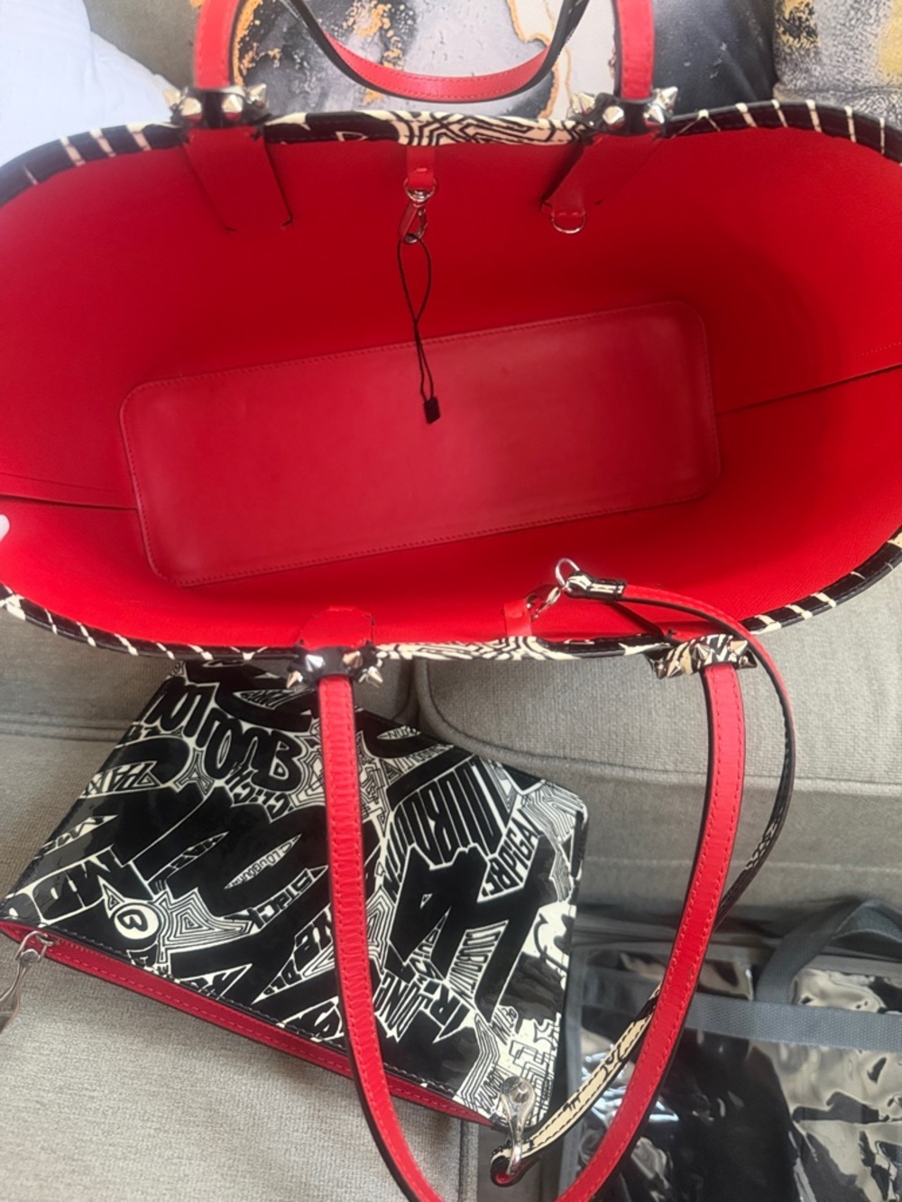 Christian Louboutin Black & White Graffiti Patent Tote with Red Trim. - Picture 2 of 6